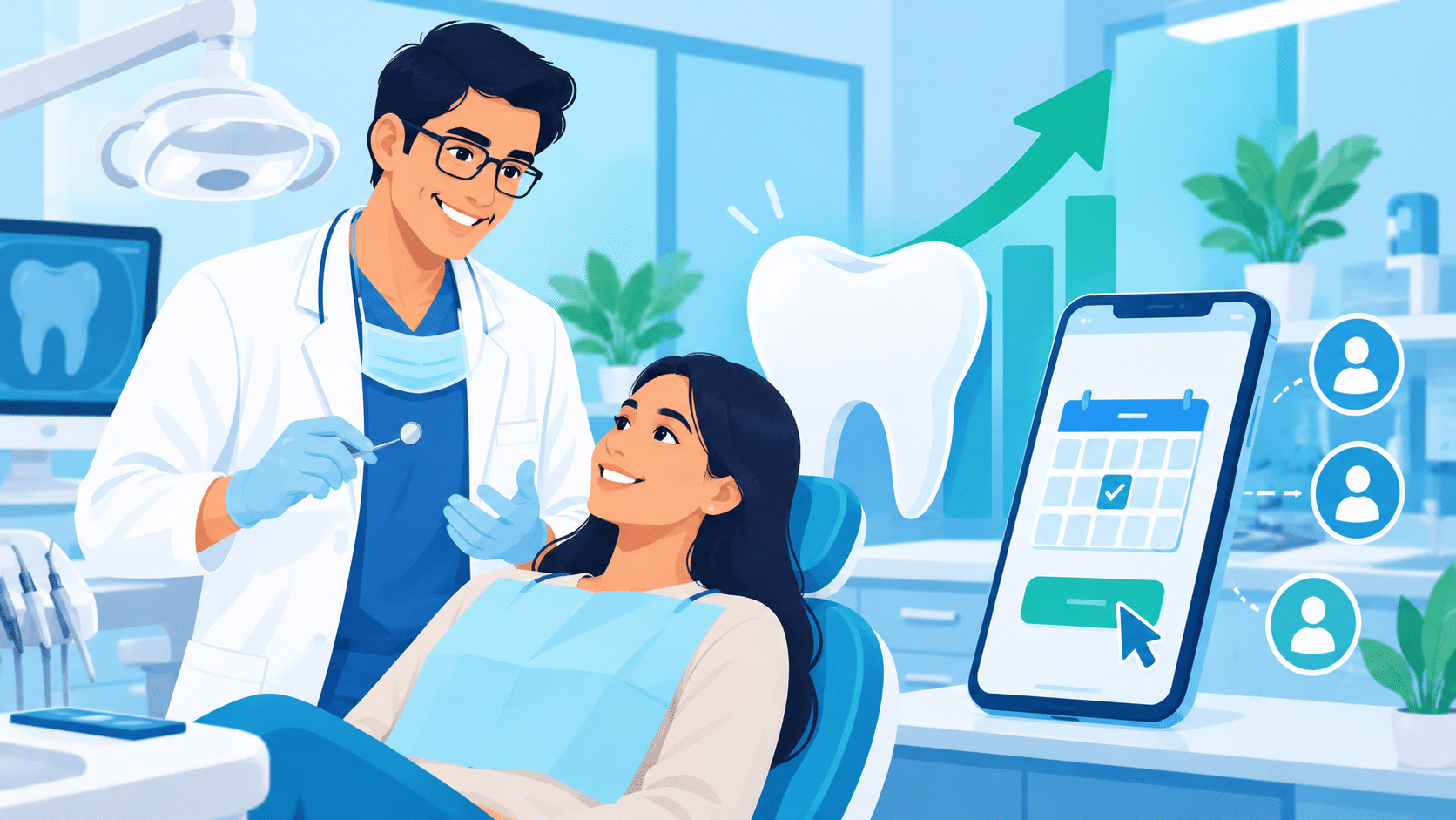 Dentist with a patient and a booking calendar on a phone | CENITPRO
