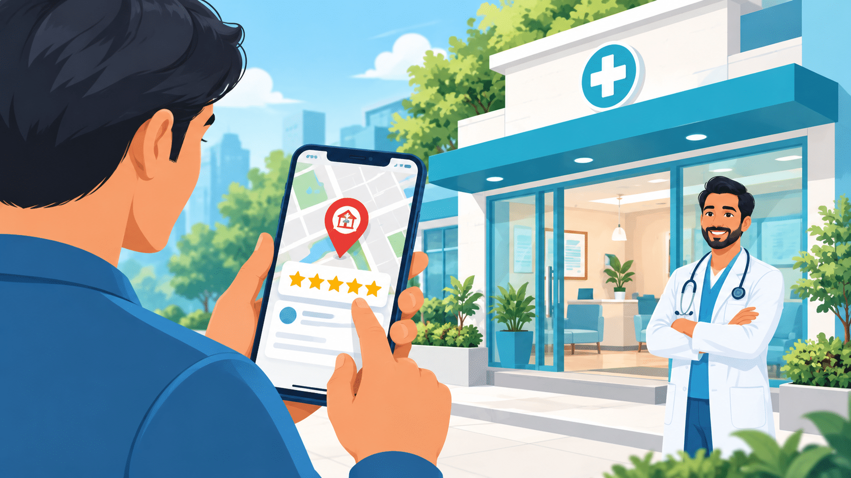 Illustration of a smartphone map showing a clinic location pin and star ratings