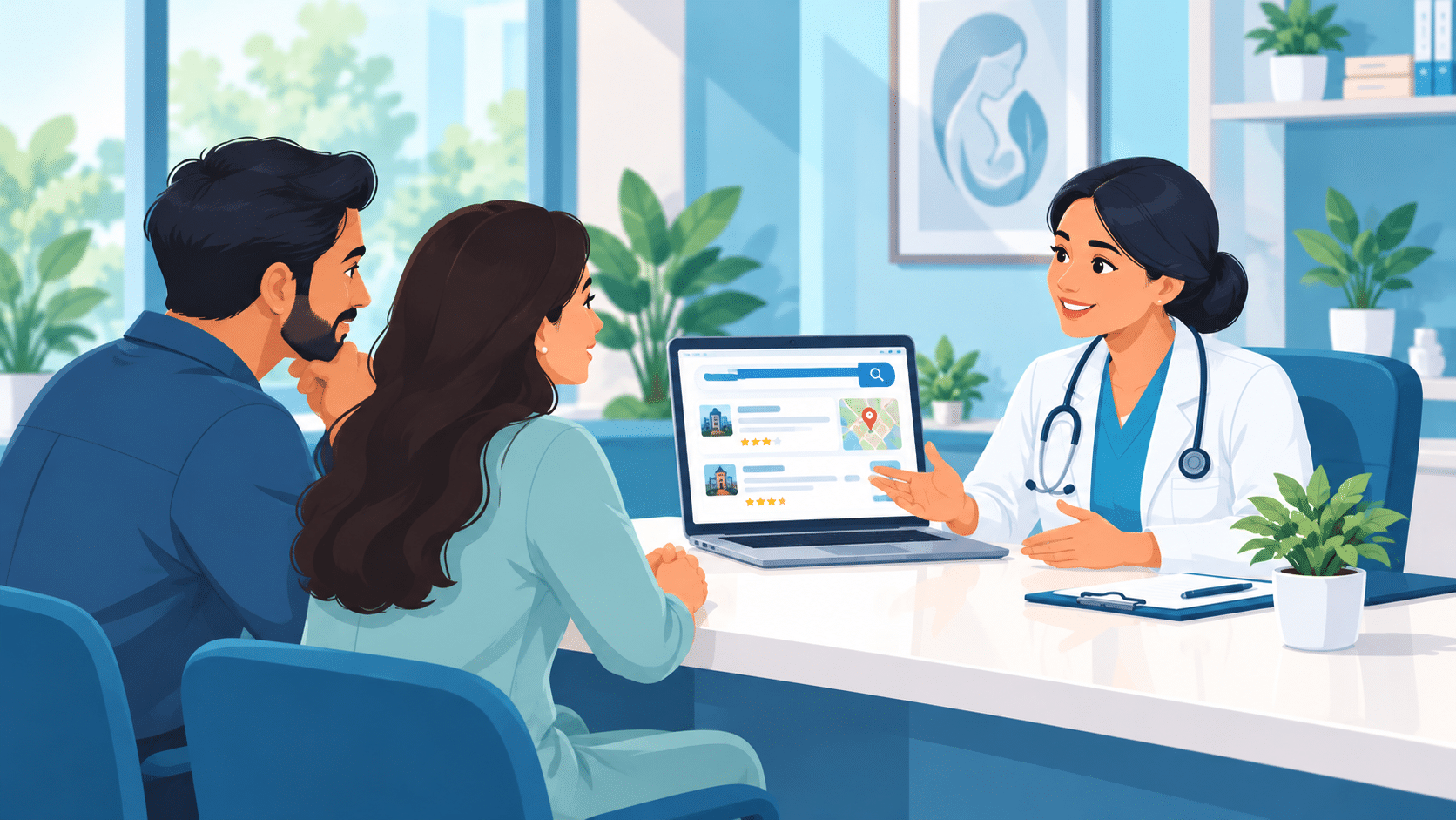Illustration of a couple in a calm fertility clinic consultation with a doctor