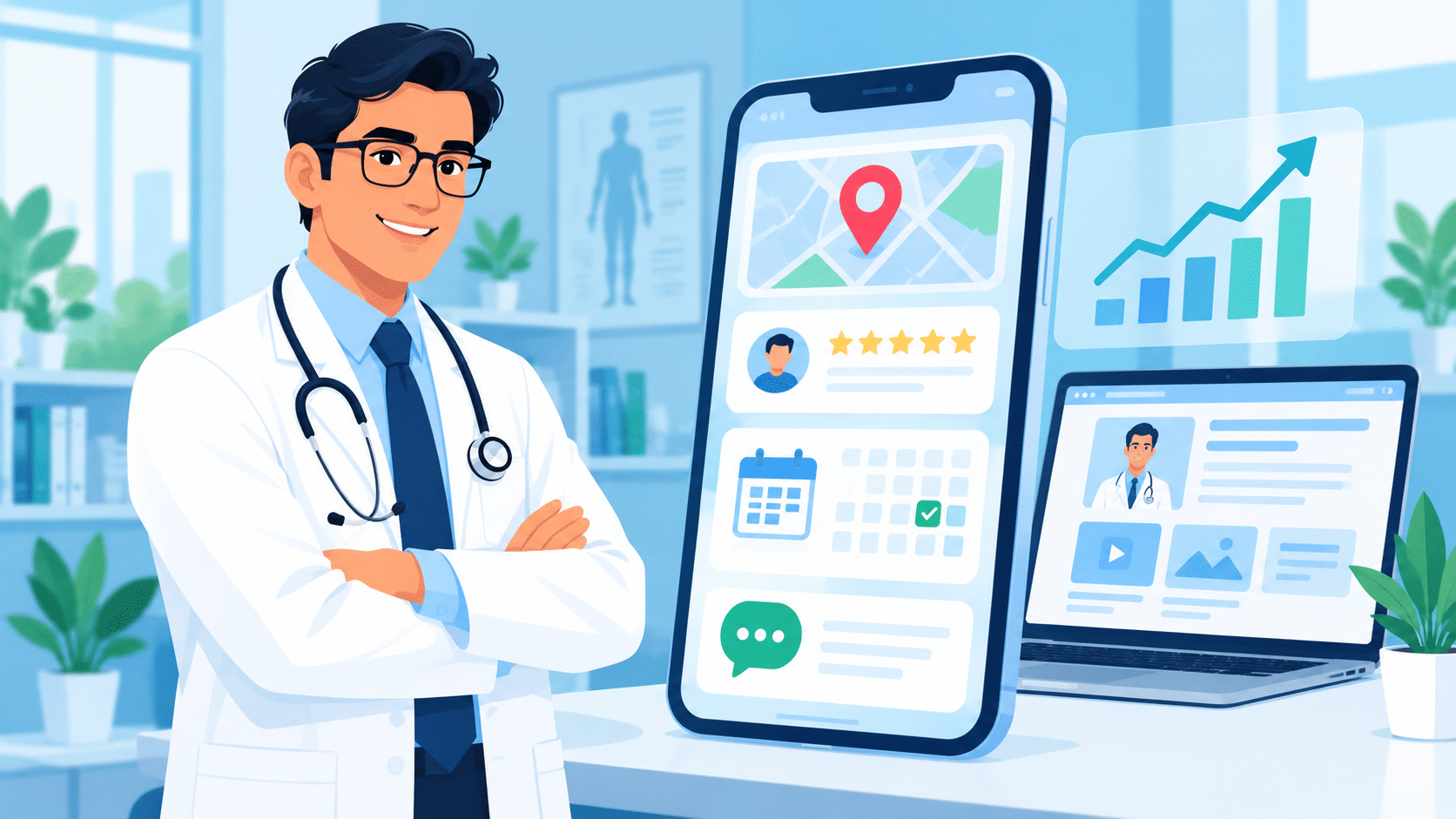 Doctor beside a smartphone showing map, reviews and booking | CENITPRO