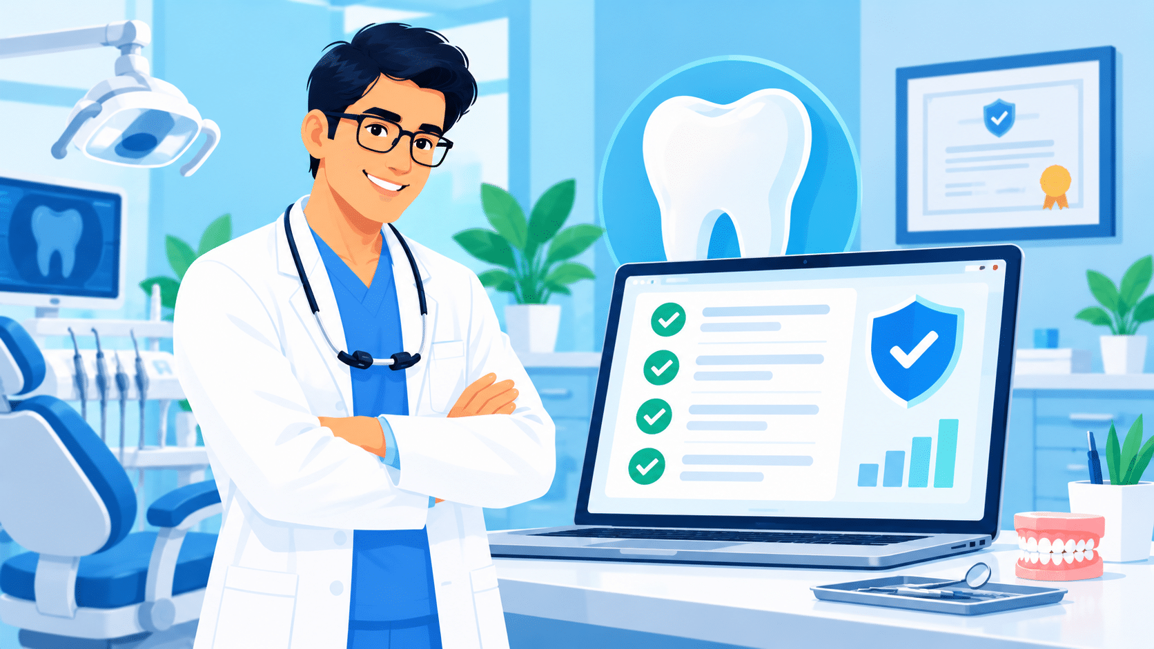 Dentist beside a laptop showing a compliance checklist | CENITPRO