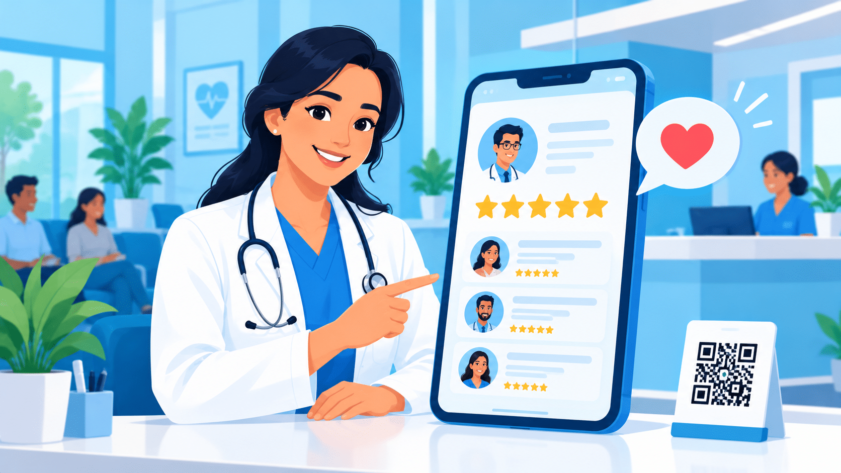 Doctor at a clinic reception beside a phone showing five stars | CENITPRO