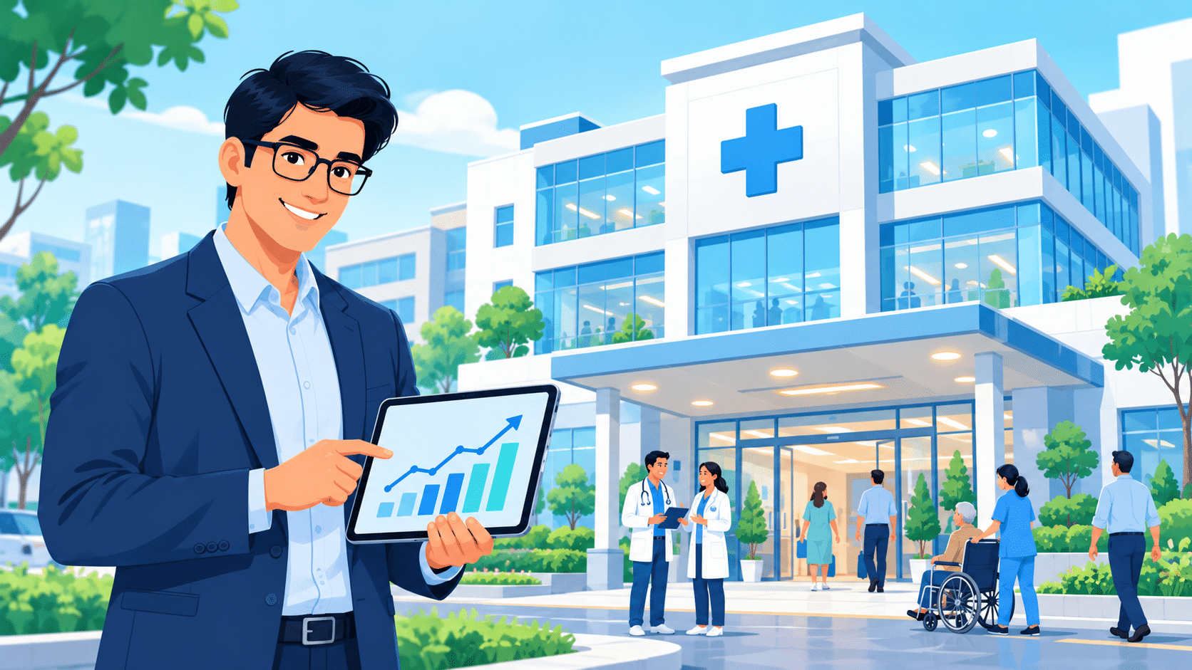 Hospital building with an administrator reviewing growth on a tablet | CENITPRO