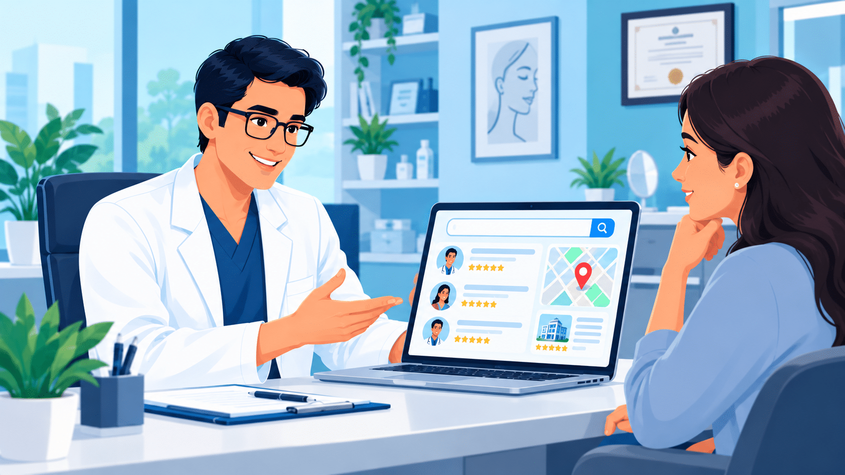 Surgeon at a consultation desk with a laptop showing search results | CENITPRO