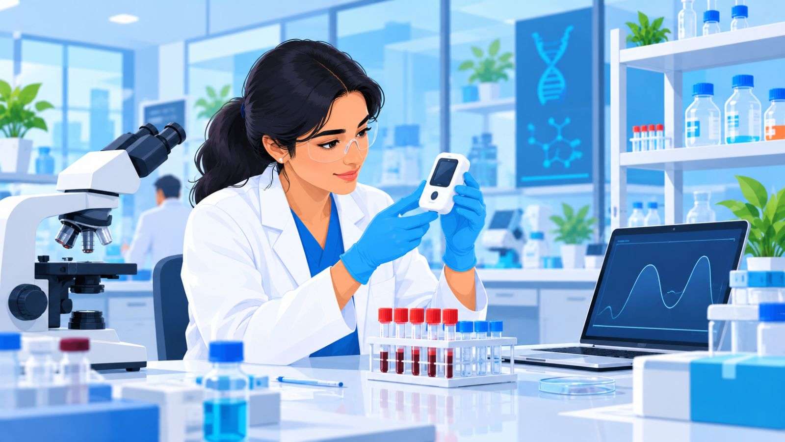 Illustration of a scientist examining a diagnostic device prototype beside blood sample tubes in a lab